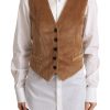 Women Dolce & Gabbana Women'S Vest | Dolce & Gabbana Brown Corduroy Leopard V-Neck Sleeveless Vest Top