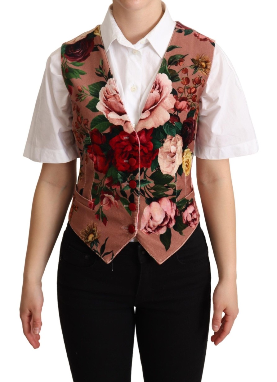 Women Dolce & Gabbana Women'S Vest | Dolce & Gabbana Pink Floral Print Velvet Waistcoat Vest