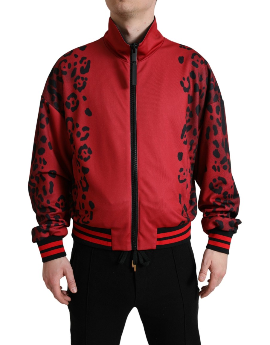 Men Dolce & Gabbana Men'S Jackets | Dolce & Gabbana Red Leopard Polyester Bomber Full Zip Jacket