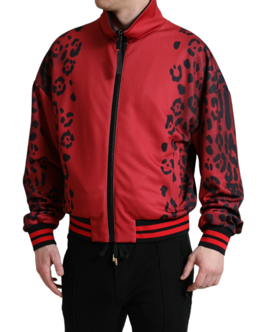 Men Dolce & Gabbana Men'S Jackets | Dolce & Gabbana Red Leopard Polyester Bomber Full Zip Jacket