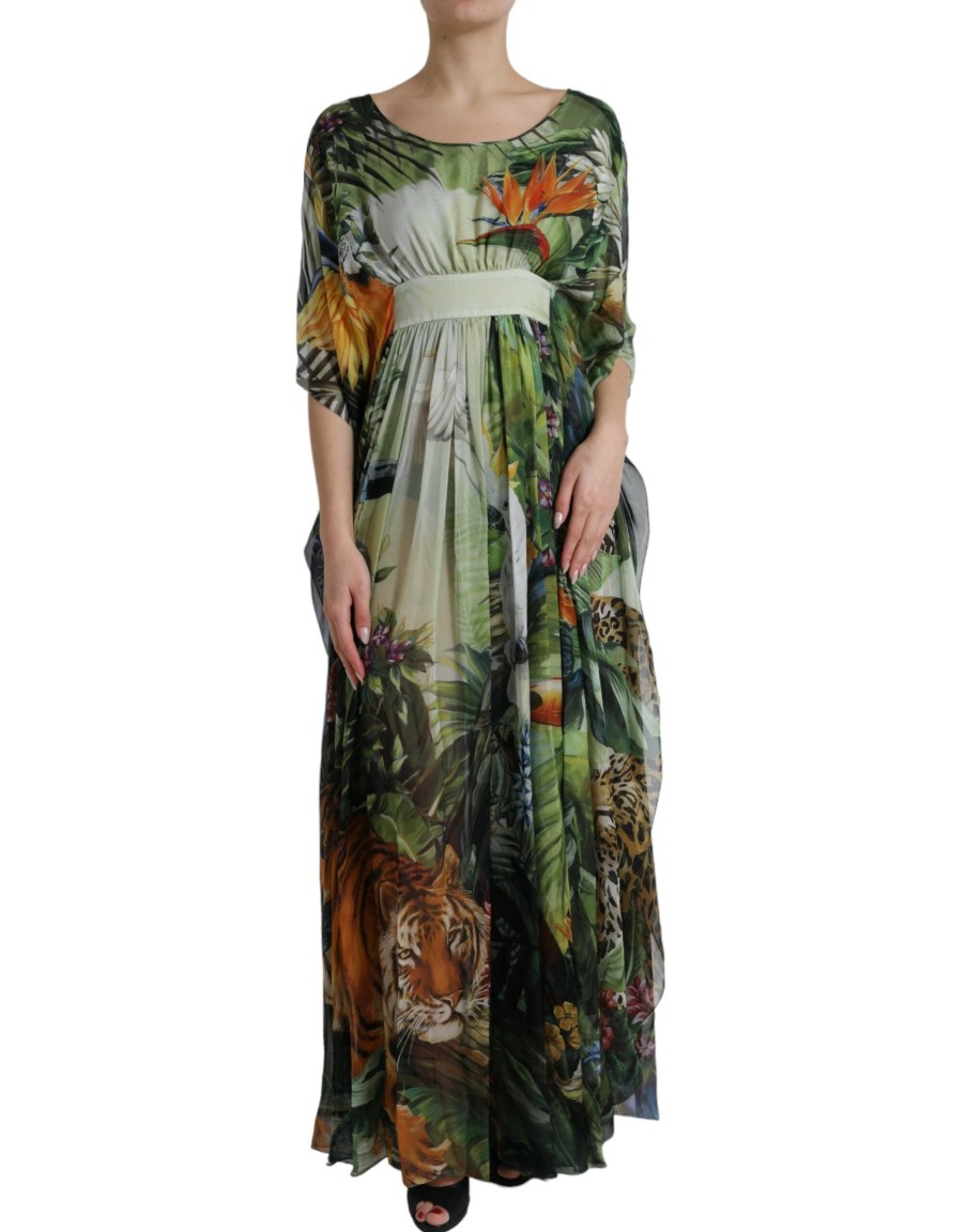 Women Dolce & Gabbana Women'S Dresses | Dolce & Gabbana Multicolor Jungle Print A-Line Maxi Dress