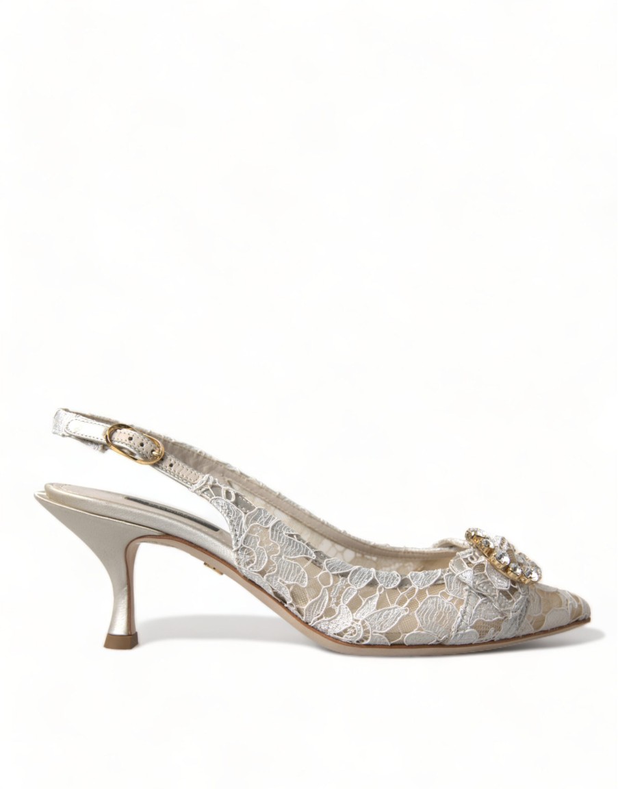 Women Dolce & Gabbana Women'S Pumps | Dolce & Gabbana White Taormina Lace Crystal Slingback Shoes