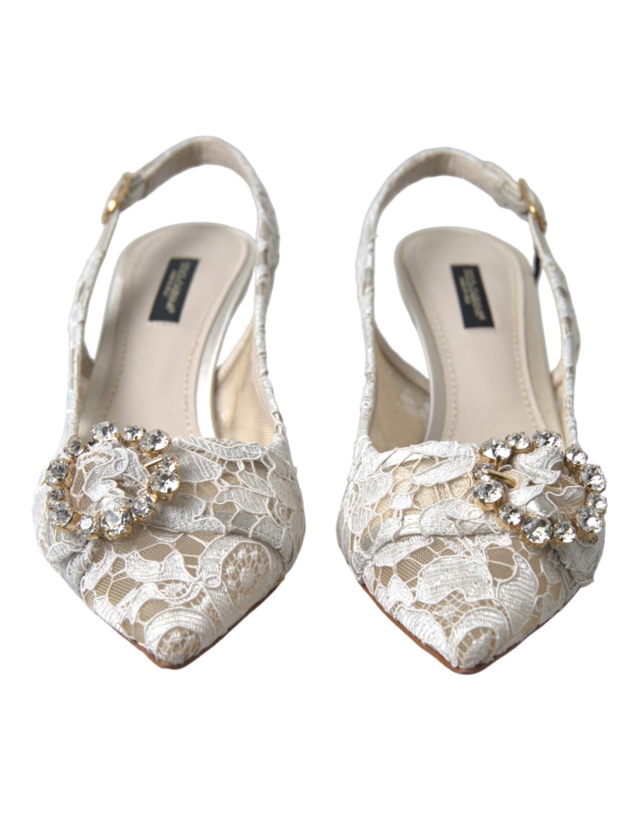 Women Dolce & Gabbana Women'S Pumps | Dolce & Gabbana White Taormina Lace Crystal Slingback Shoes