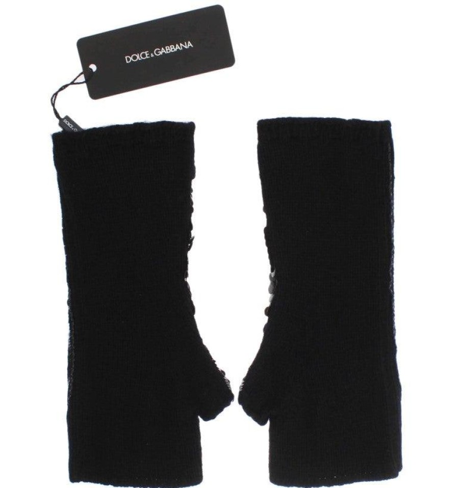 Women Dolce & Gabbana Women'S Gloves | Dolce & Gabbana Black Knitted Cashmere Sequined Gloves