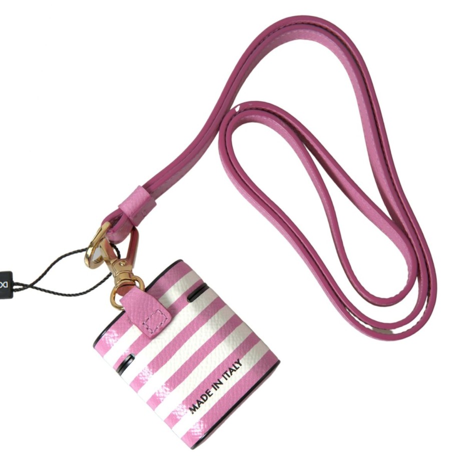 Women Dolce & Gabbana Women'S Others Accessories | Dolce & Gabbana Pink Stripe Dauphine Leather Logo Print Strap Airpod C