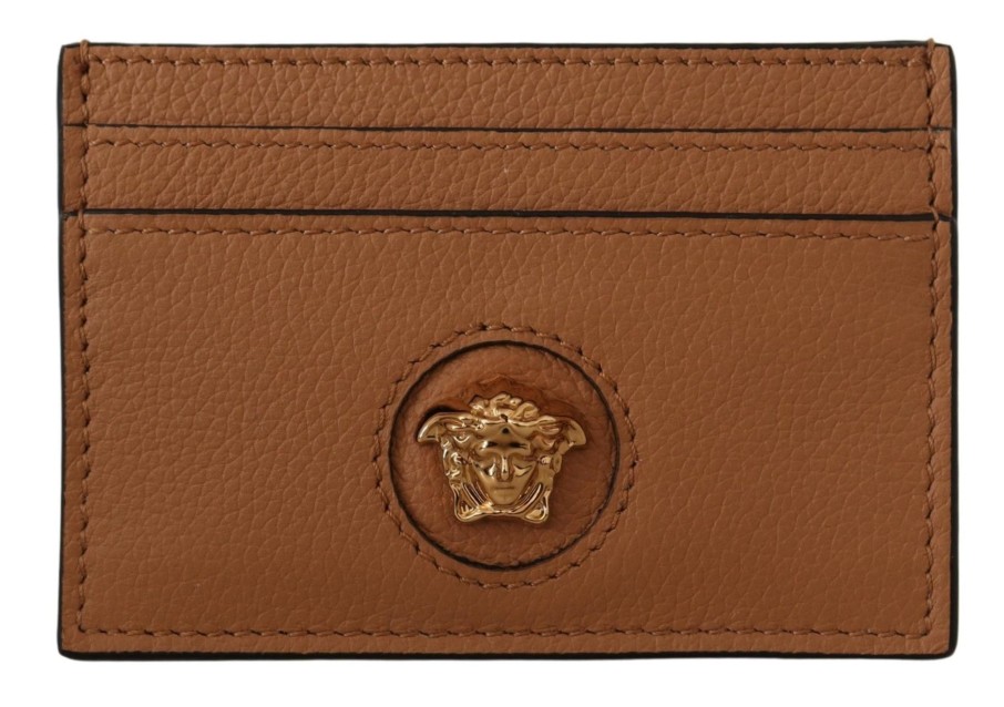 Women Versace Women'S Wallets | Versace Brown Calf Leather Card Holder Wallet