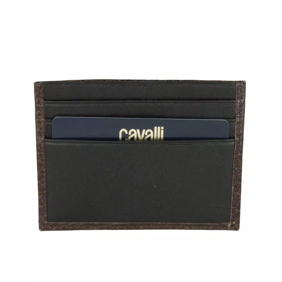 Men Cavalli Class Men'S Other Accessories | Cavalli Class Chic Brown & Black Calfskin Card Holder