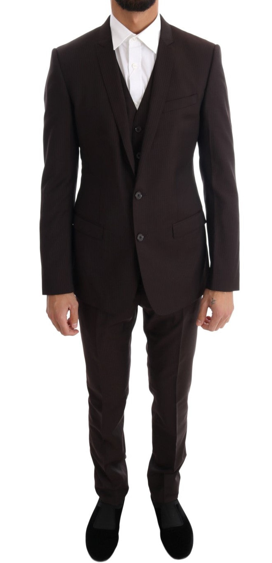 Men Dolce & Gabbana Men'S Suits | Dolce & Gabbana Brown Striped Gold Slim Fit 3 Piece Suit