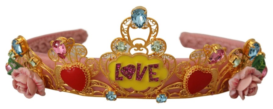 Women Dolce & Gabbana Women'S Headbands | Dolce & Gabbana Multicolor Crystals Flower Love Crown Headband Diadem