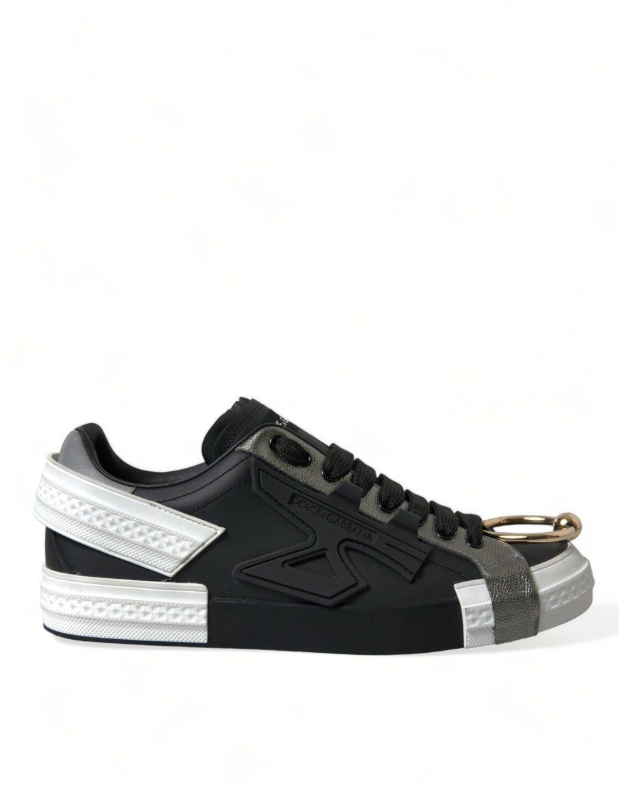 Men Dolce & Gabbana Men'S Sneakers | Dolce & Gabbana Black Leather Portofino Low Top Men Sneakers Shoes