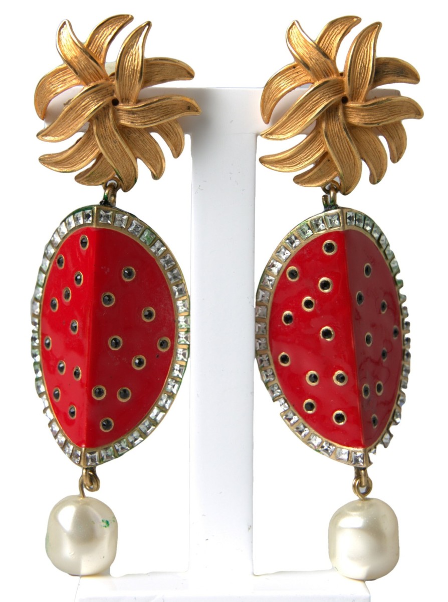 Women Dolce & Gabbana Women'S Earrings | Dolce & Gabbana Red Watermelon Gold Brass Crystal Clip Dangling Earrin