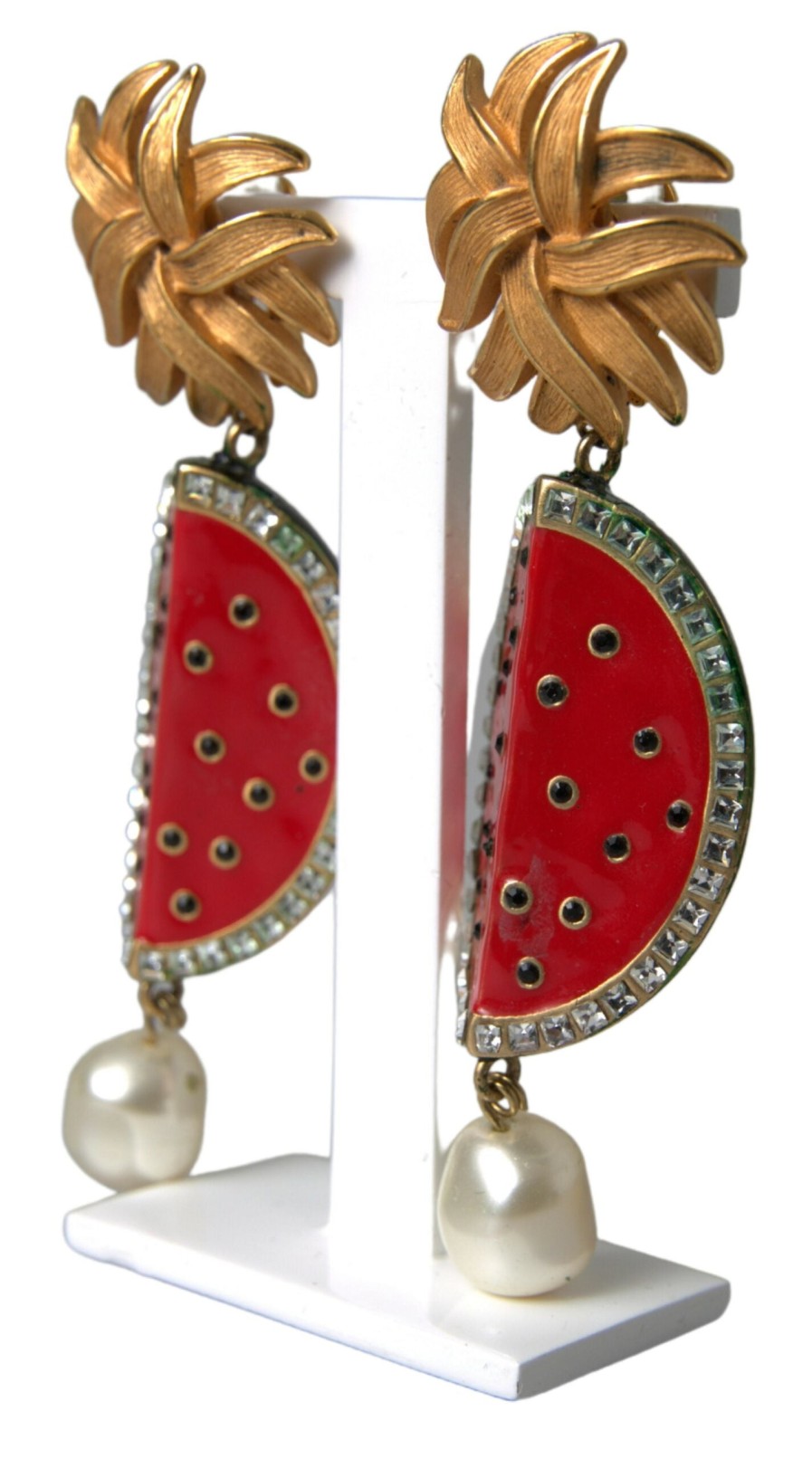 Women Dolce & Gabbana Women'S Earrings | Dolce & Gabbana Red Watermelon Gold Brass Crystal Clip Dangling Earrin