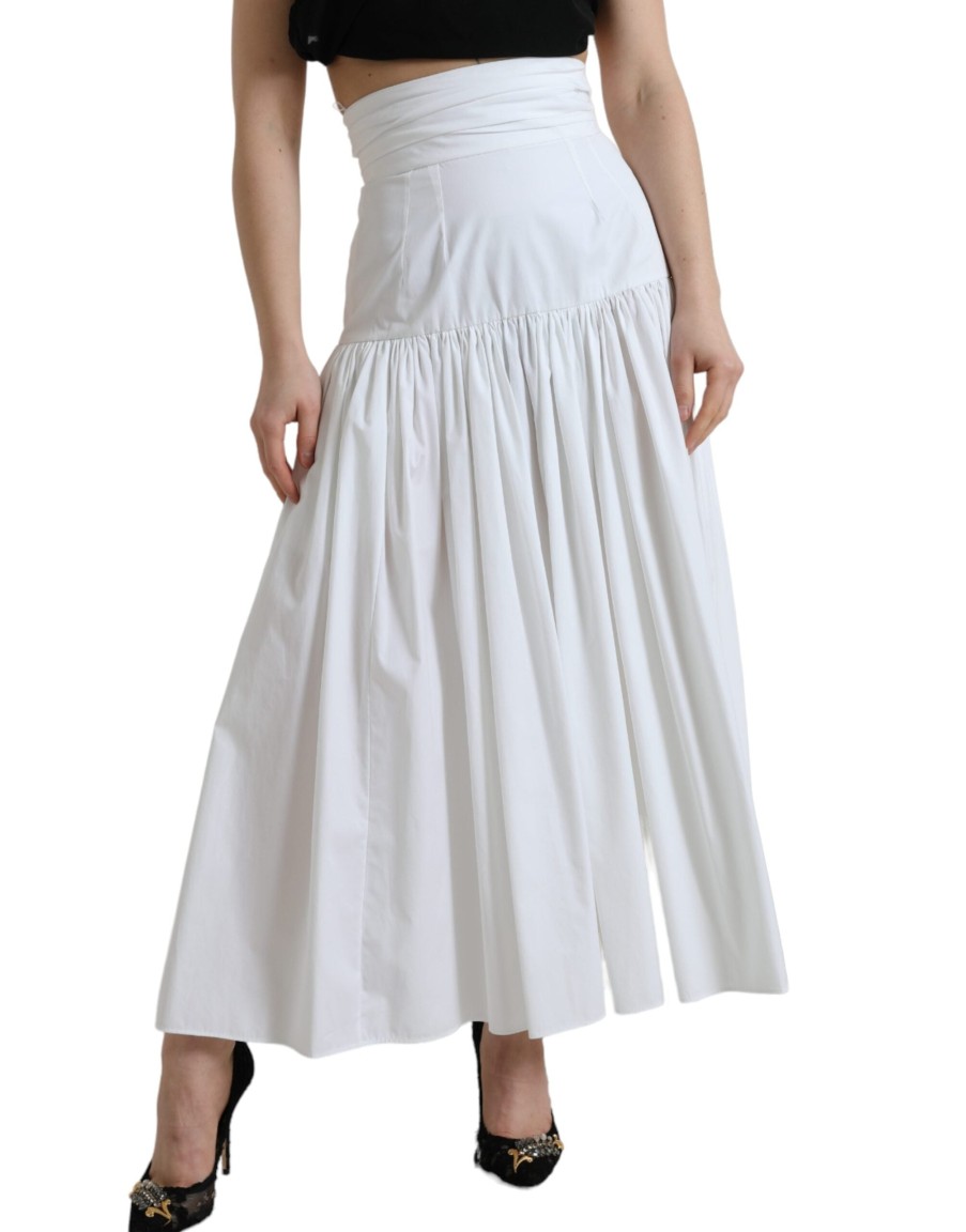 Women Dolce & Gabbana Women'S Skirts | Dolce & Gabbana White Cotton Pleated A-Line High Waist Skirt