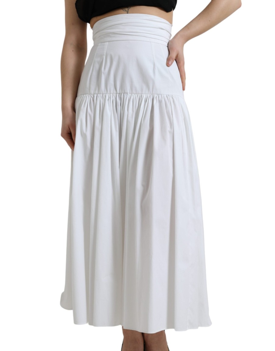 Women Dolce & Gabbana Women'S Skirts | Dolce & Gabbana White Cotton Pleated A-Line High Waist Skirt