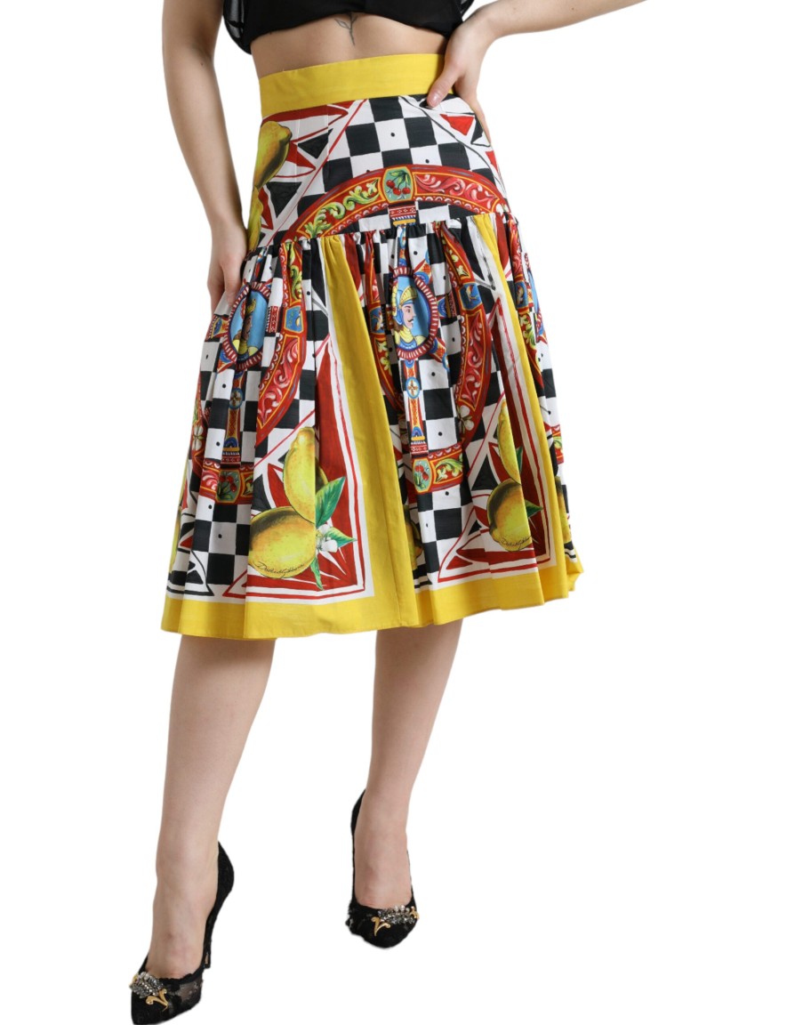 Women Dolce & Gabbana Women'S Skirts | Dolce & Gabbana Multicolor Carretto Lemon High Waist A-Line Skirt