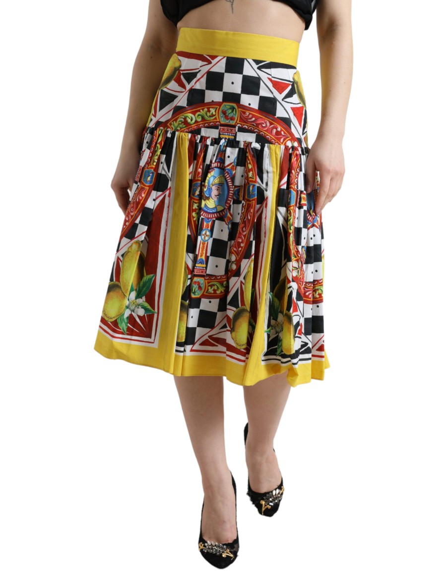 Women Dolce & Gabbana Women'S Skirts | Dolce & Gabbana Multicolor Carretto Lemon High Waist A-Line Skirt