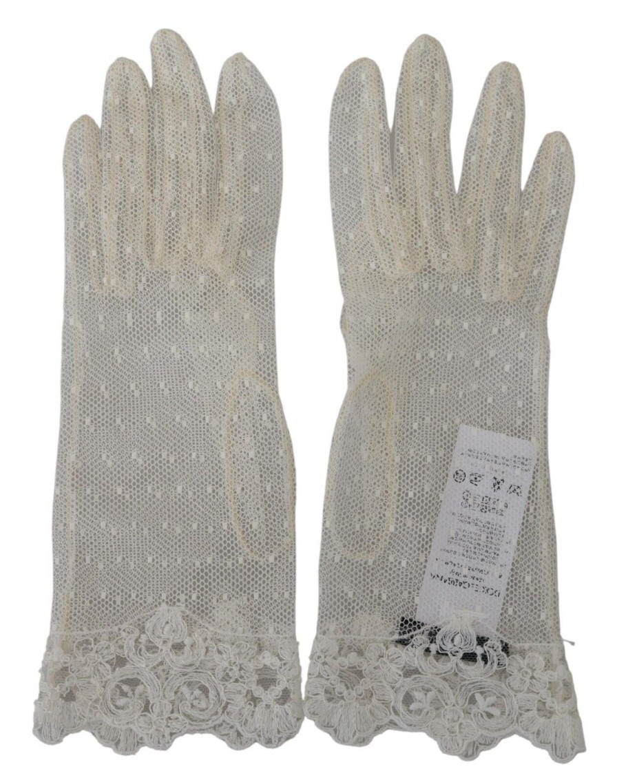 Women Dolce & Gabbana Women'S Gloves | Dolce & Gabbana White Lace Wrist Length Mitten Cotton Gloves