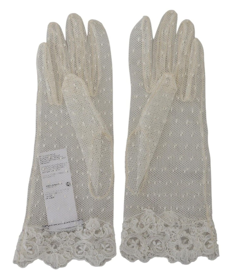 Women Dolce & Gabbana Women'S Gloves | Dolce & Gabbana White Lace Wrist Length Mitten Cotton Gloves