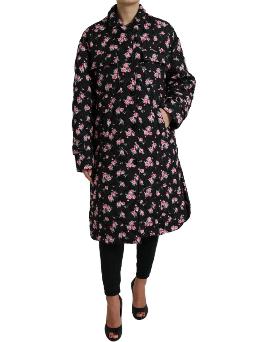 Women Dolce & Gabbana Women'S Jackets & Coats | Dolce & Gabbana Black Floral Collared Trench Coat Jacket