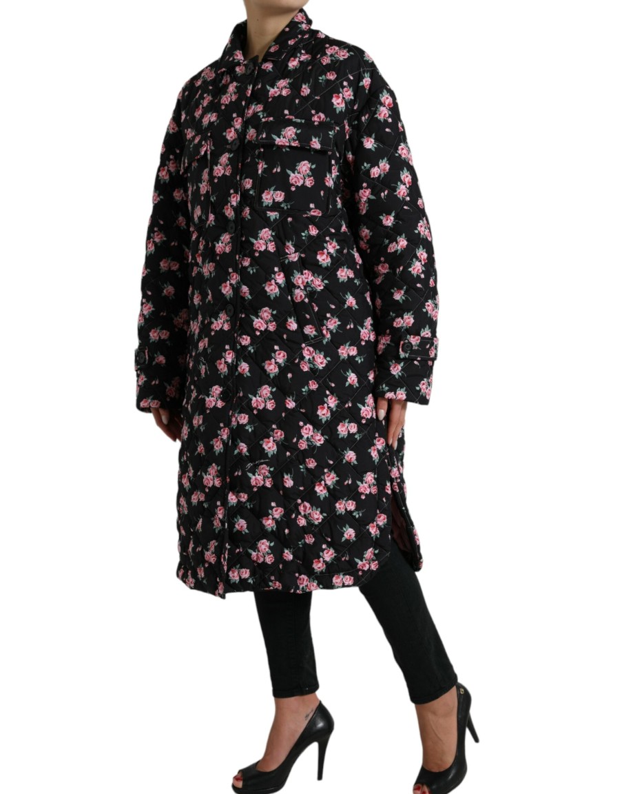 Women Dolce & Gabbana Women'S Jackets & Coats | Dolce & Gabbana Black Floral Collared Trench Coat Jacket