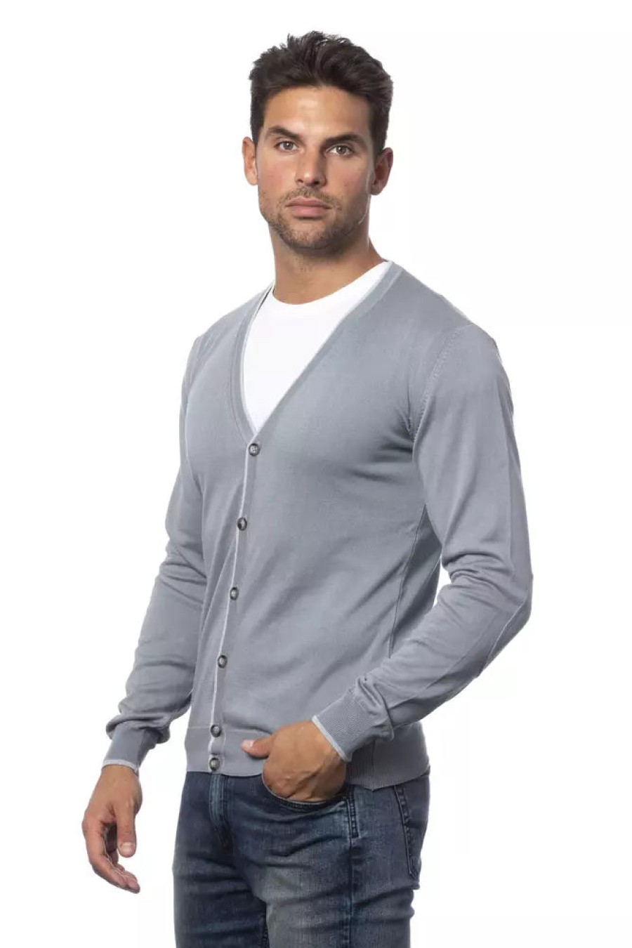 Men Verri Men'S Cardigans | Verri Elegant Gray Cotton Cardigan For Men