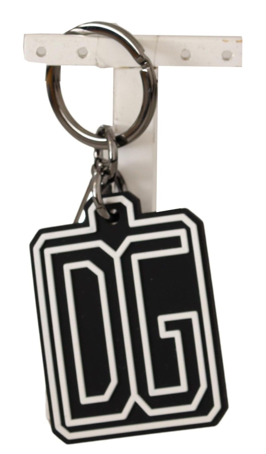 Men Dolce & Gabbana Men'S Keychains | Dolce & Gabbana Black White Dg Rubber Logo Silver Ring Keychain