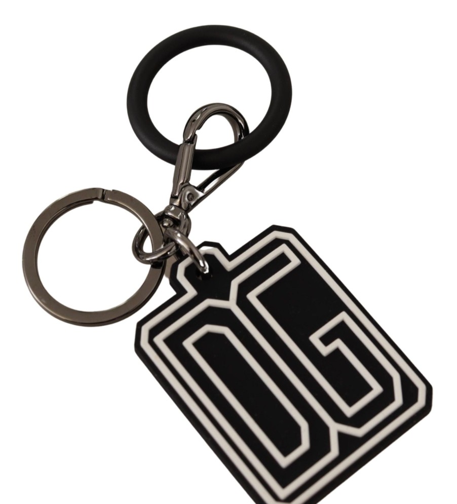 Men Dolce & Gabbana Men'S Keychains | Dolce & Gabbana Black White Dg Rubber Logo Silver Ring Keychain