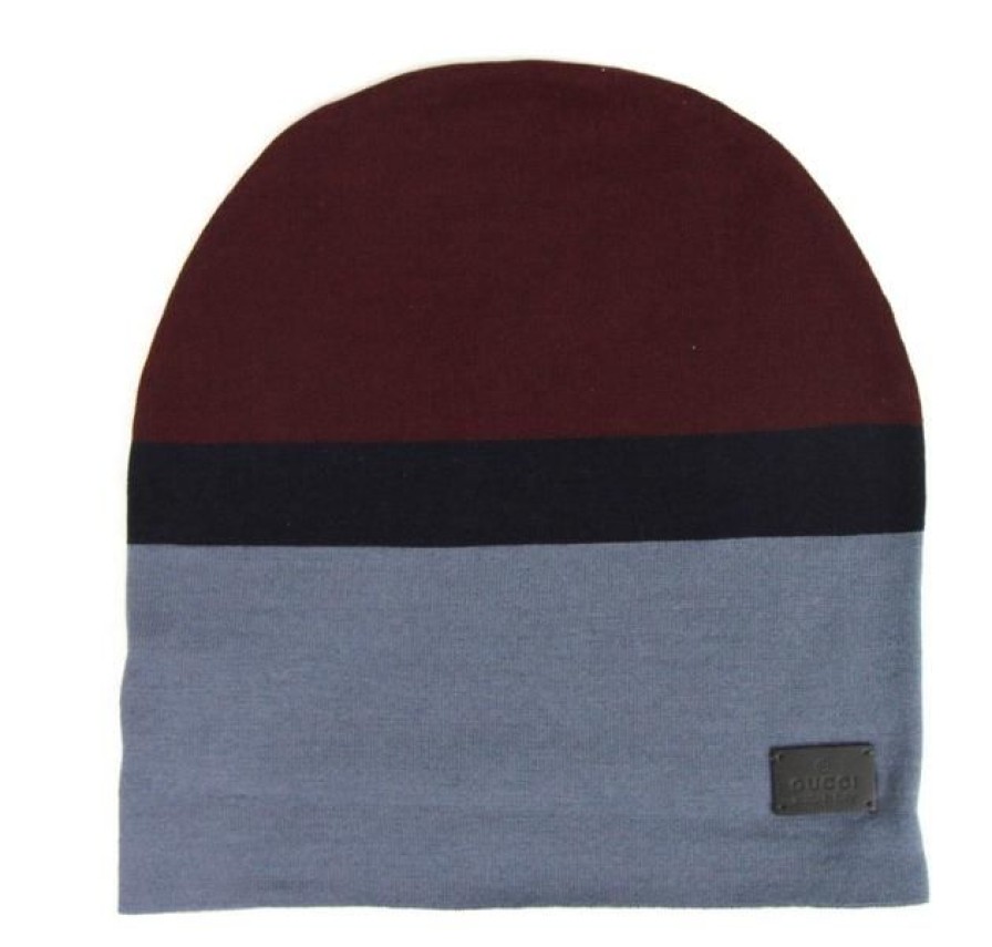 Men Gucci Men'S Hats & Caps | Gucci Unisex Burgundy Blue Wool Beanie Medium Knit Cap