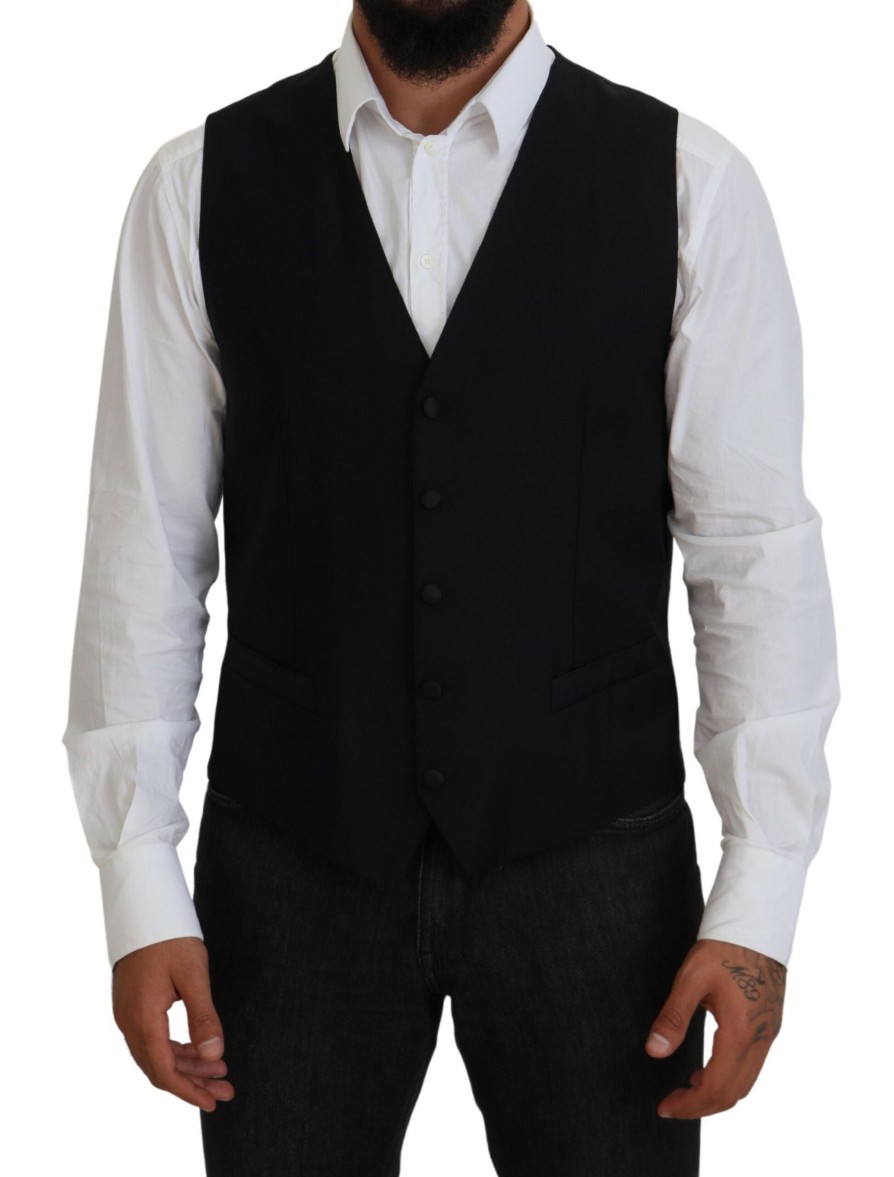 Men Dolce & Gabbana Men'S Vests | Dolce & Gabbana Black Virgin Wool Waistcoat Formal Vest