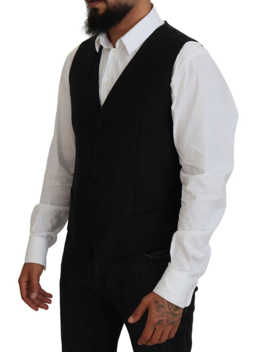 Men Dolce & Gabbana Men'S Vests | Dolce & Gabbana Black Virgin Wool Waistcoat Formal Vest