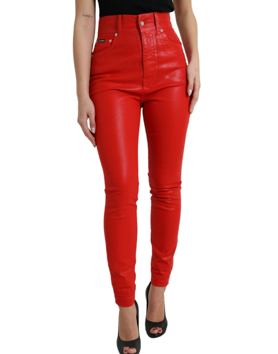 Women Dolce & Gabbana Women'S Pants & Jeans | Dolce & Gabbana Red Cotton High Waist Skinny Denim Jeans