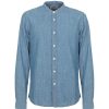 Men Fred Mello Men'S Shirts | Fred Mello Mandarin Collar Blue Linen-Cotton Shirt