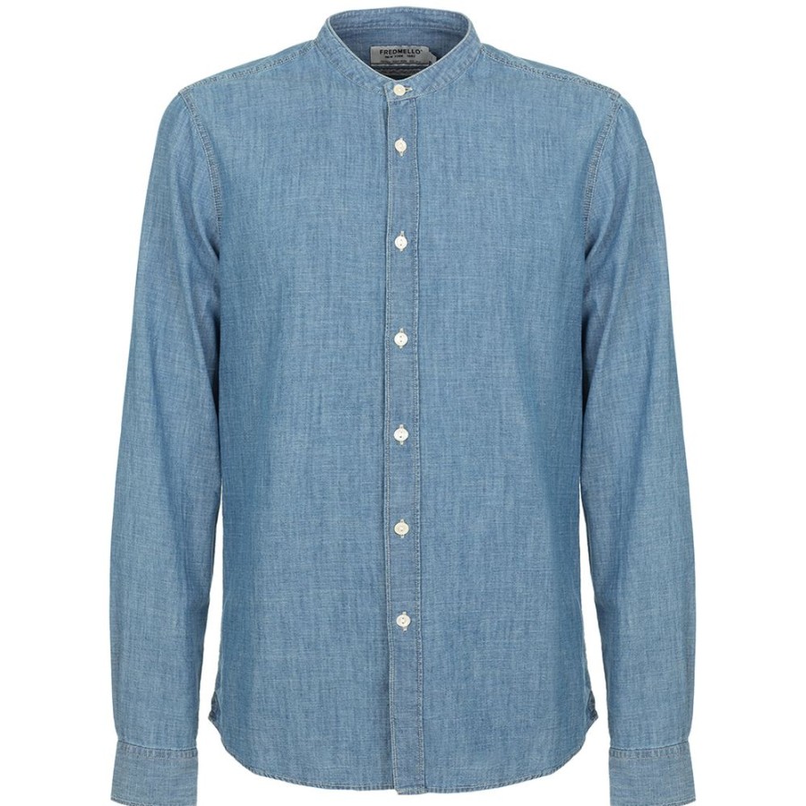 Men Fred Mello Men'S Shirts | Fred Mello Mandarin Collar Blue Linen-Cotton Shirt