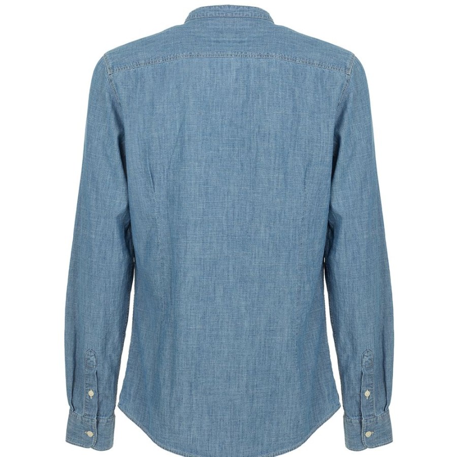 Men Fred Mello Men'S Shirts | Fred Mello Mandarin Collar Blue Linen-Cotton Shirt