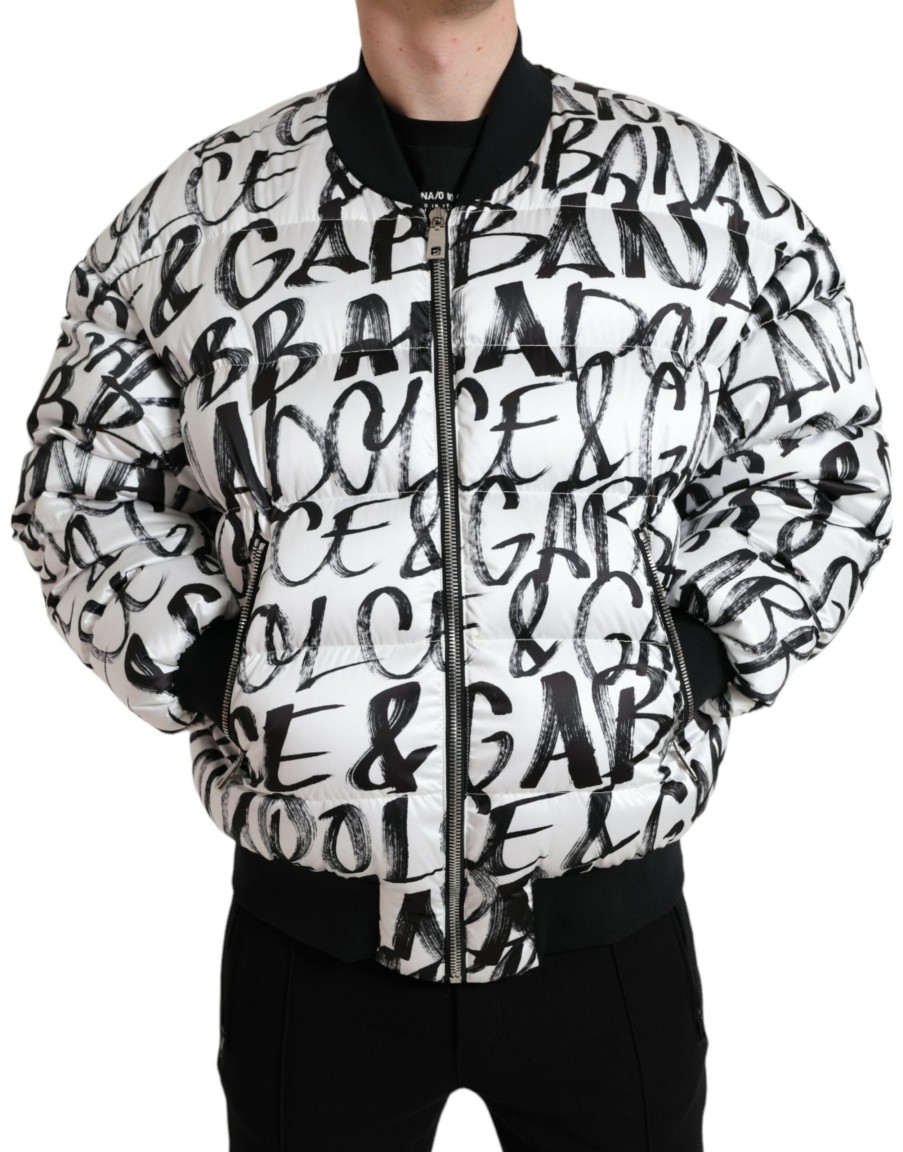 Men Dolce & Gabbana Men'S Jackets | Dolce & Gabbana White Logo Padded Full Zip Bomber Jacket