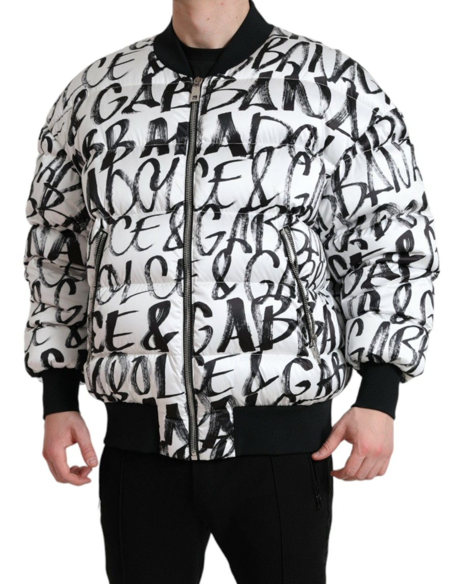 Men Dolce & Gabbana Men'S Jackets | Dolce & Gabbana White Logo Padded Full Zip Bomber Jacket