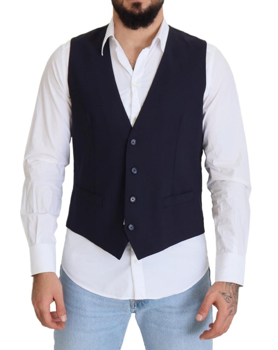 Men Dolce & Gabbana Men'S Vests | Dolce & Gabbana Dark Blue Wool Stretch Waistcoat Formal Vest