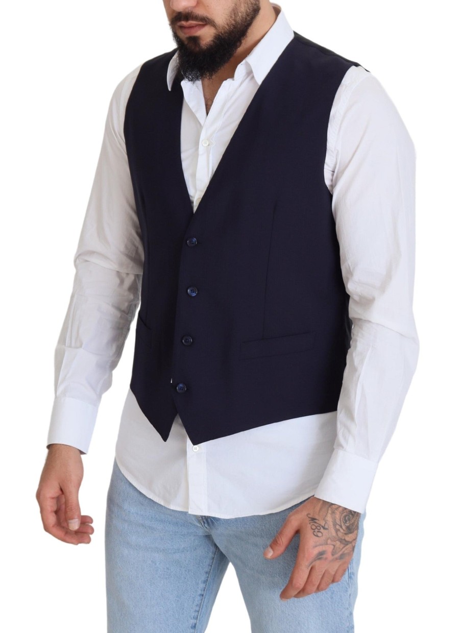 Men Dolce & Gabbana Men'S Vests | Dolce & Gabbana Dark Blue Wool Stretch Waistcoat Formal Vest