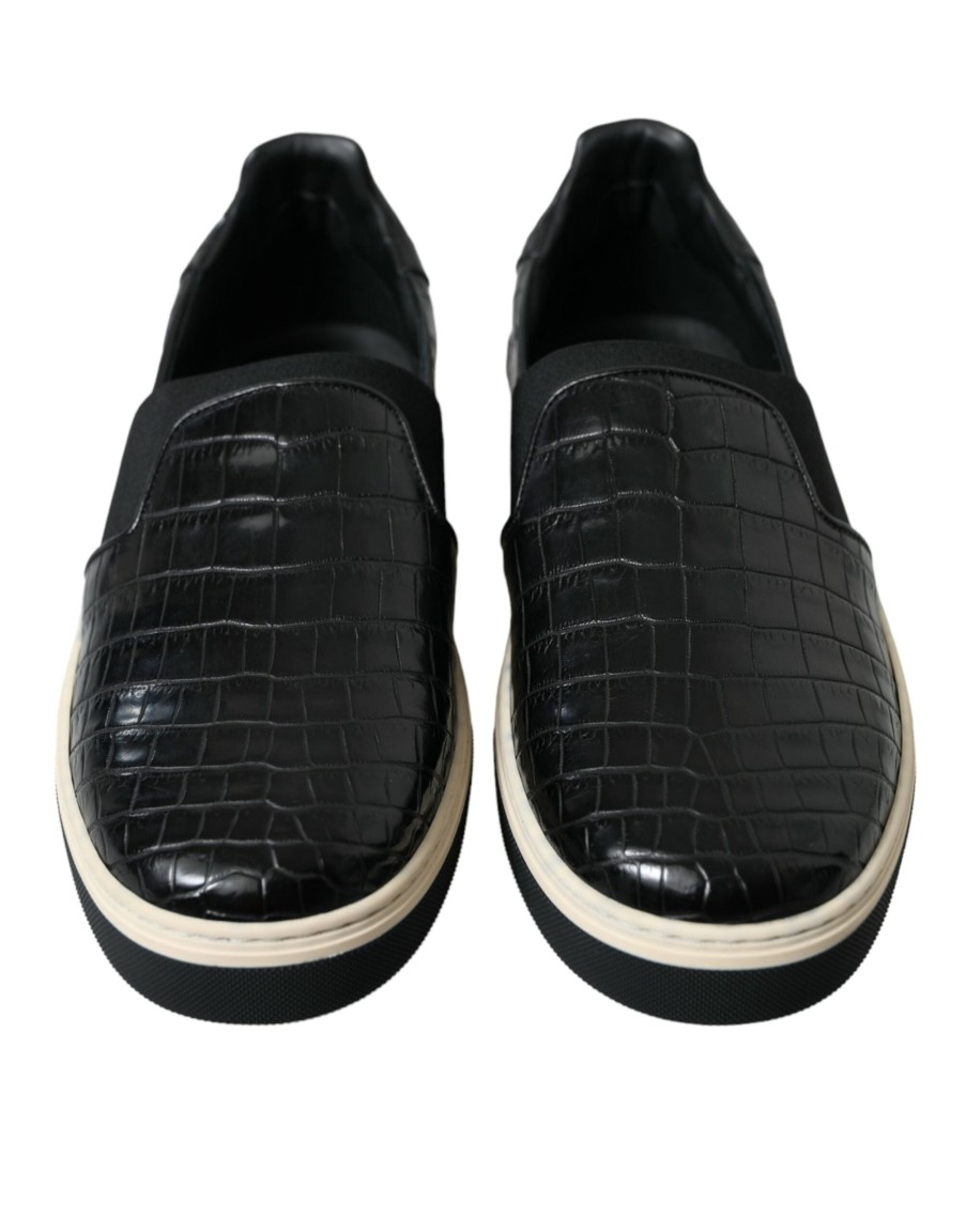 Men Dolce & Gabbana Men'S Sneakers | Dolce & Gabbana Black Croc Exotic Leather Sneakers Shoes