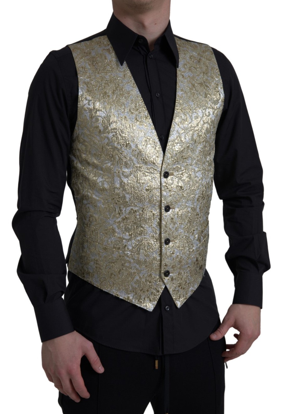 Men Dolce & Gabbana Men'S Vests | Dolce & Gabbana Floral Jacquard Waistcoat Formal Gold Vest