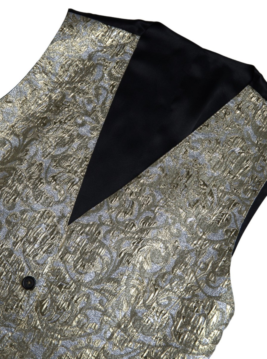 Men Dolce & Gabbana Men'S Vests | Dolce & Gabbana Floral Jacquard Waistcoat Formal Gold Vest