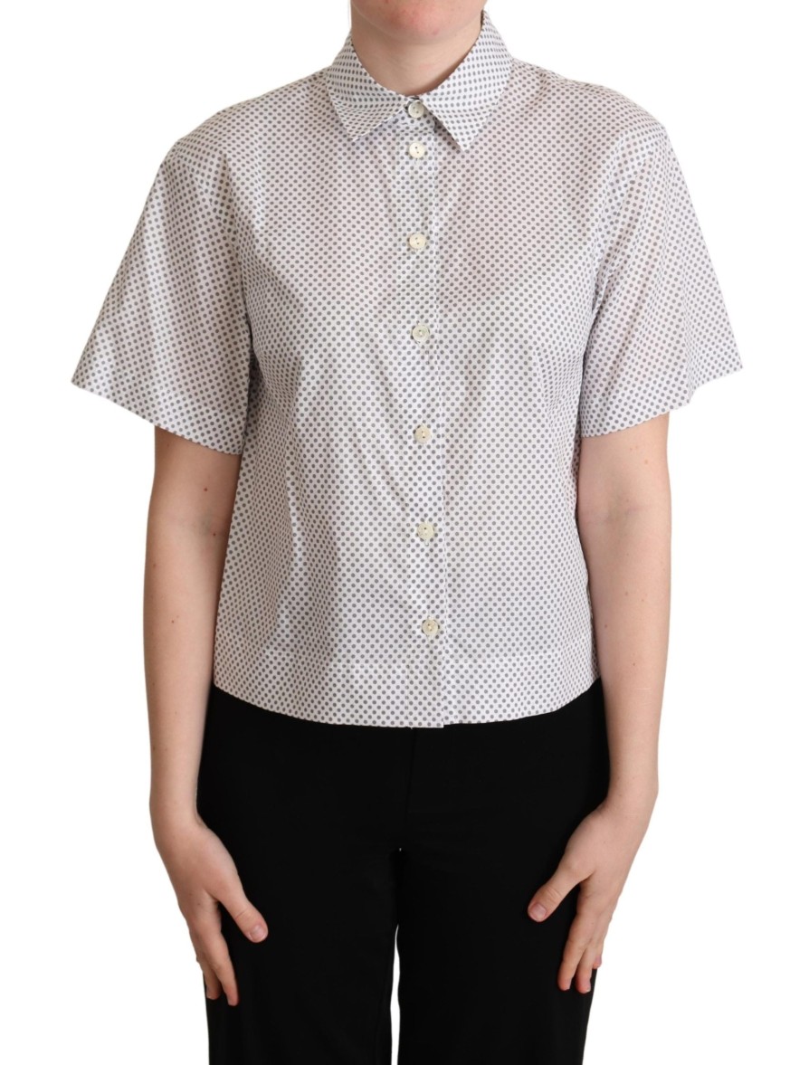 Women Dolce & Gabbana Women'S Shirts | Dolce & Gabbana White Gray Polka Dots Collared Button Shirt