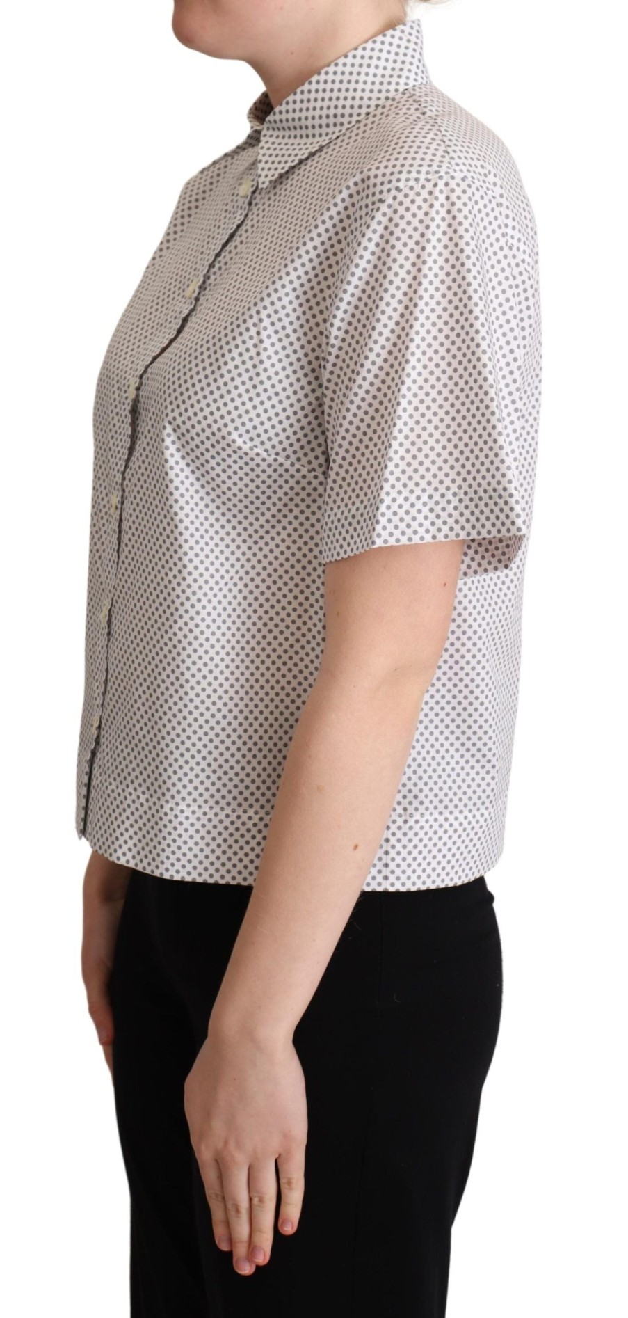 Women Dolce & Gabbana Women'S Shirts | Dolce & Gabbana White Gray Polka Dots Collared Button Shirt