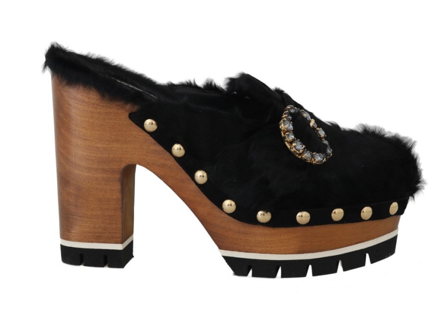 Women Dolce & Gabbana Women'S Platforms & Wedges | Dolce & Gabbana Black Xiangao Fur Crystal Mules