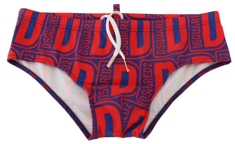 Men Dsquared² Men'S Swimwear | Dsquared Red Blue Logo Printed Men Swim Brief Swimwear