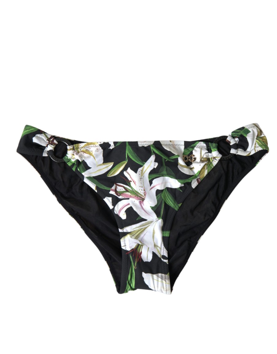 Women Dolce & Gabbana Women'S Swimwear | Dolce & Gabbana Black Lily Print Swimwear Bottom Beachwear Bikini