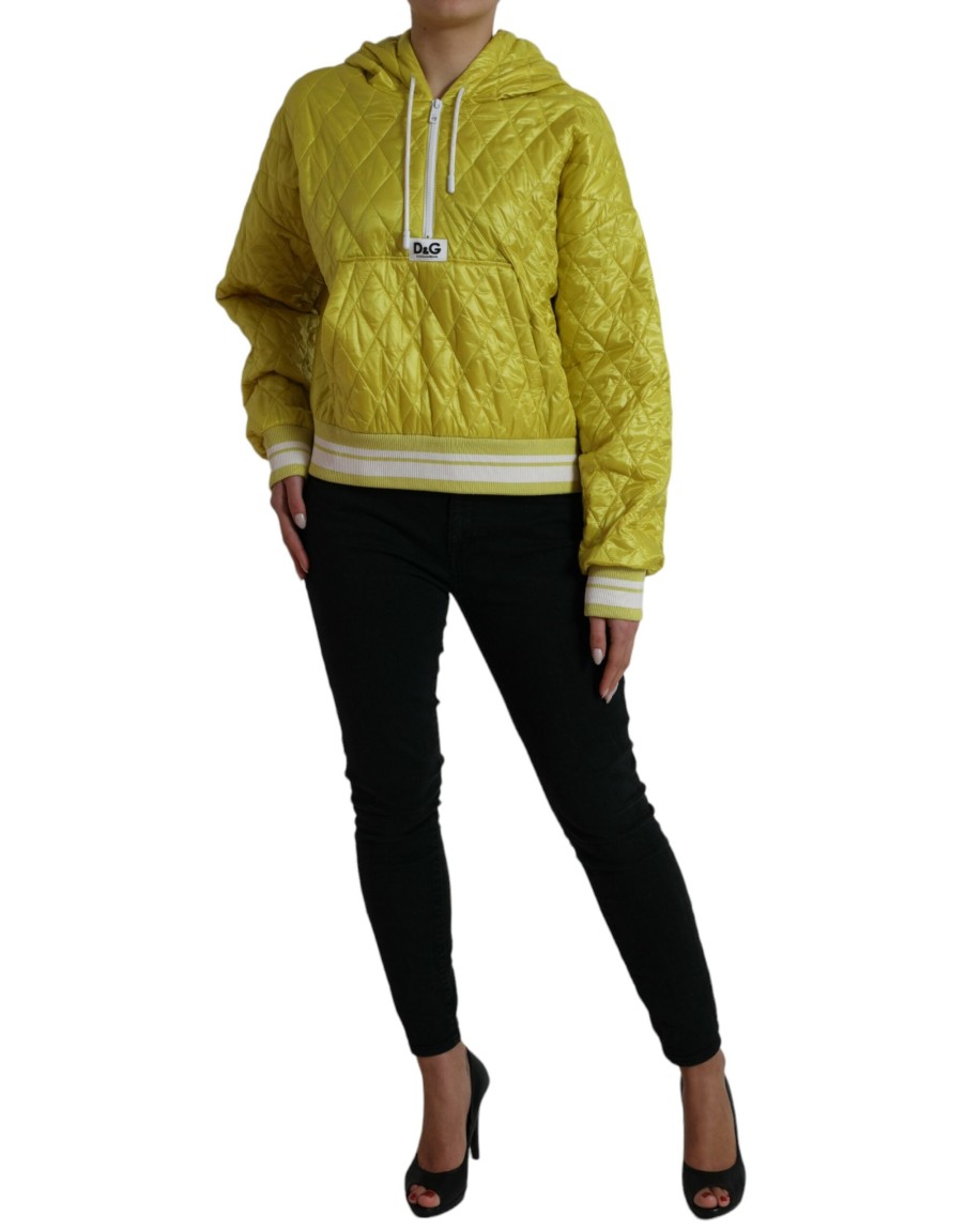 Women Dolce & Gabbana Women'S Jackets & Coats | Dolce & Gabbana Yellow Nylon Quilted Hooded Pullover Jacket