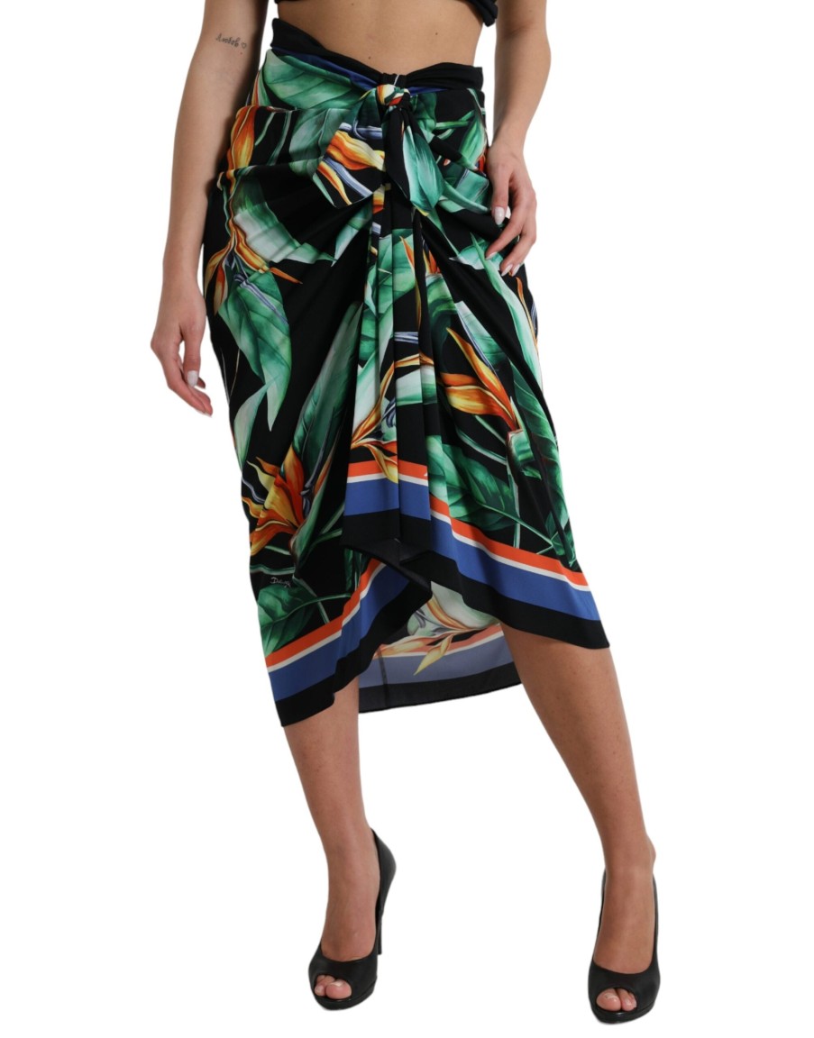 Women Dolce & Gabbana Women'S Skirts | Dolce & Gabbana Black Strelitzia High Waist Wrap Midi Skirt