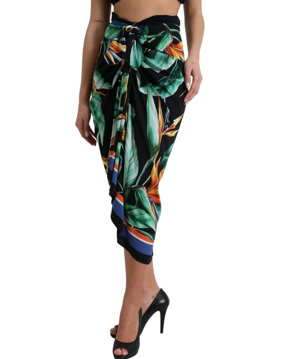 Women Dolce & Gabbana Women'S Skirts | Dolce & Gabbana Black Strelitzia High Waist Wrap Midi Skirt