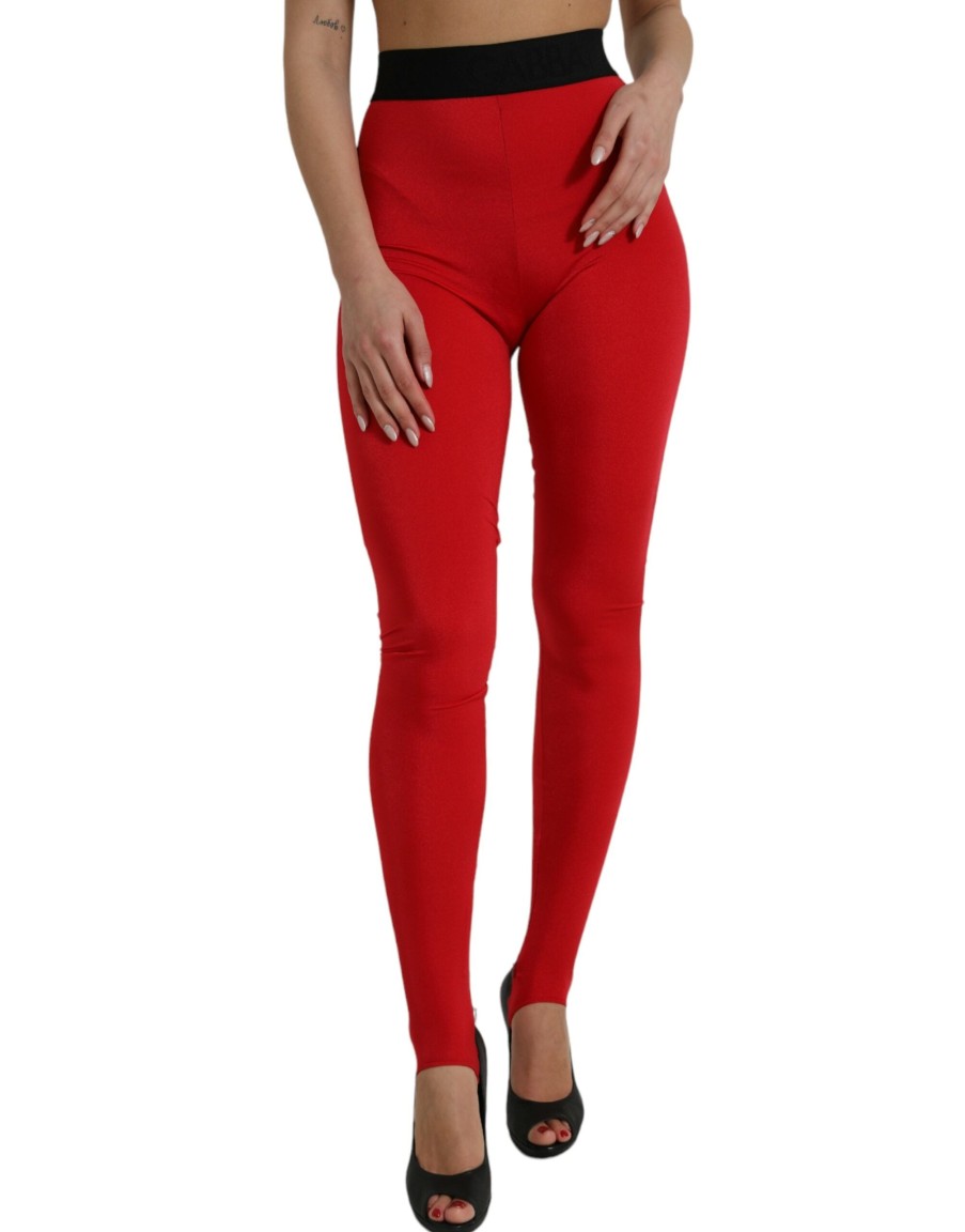 Women Dolce & Gabbana Women'S Pants & Jeans | Dolce & Gabbana Red Nylon Stretch Slim Leggings Pants